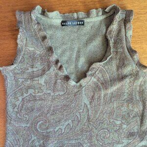 Ralph Lauren cashmere small top in subtle gray and muted colors paisley pattern.